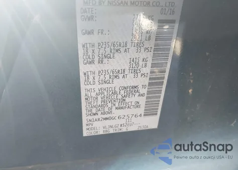 2016 Nissan Pathfinder Sl z USA, uszkodzony, nr VIN 5N1AR2MM0GC625764